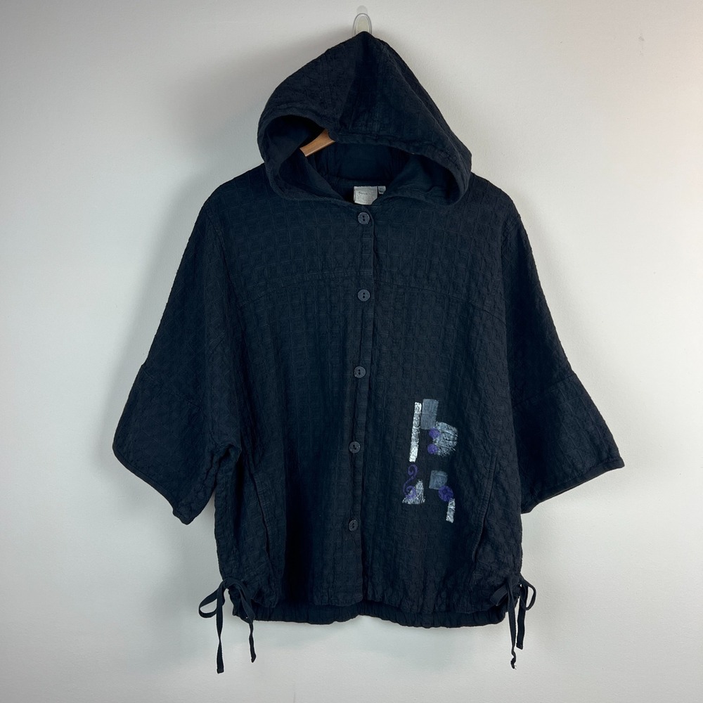 Focus Jacket Womens XL Black Cotton Hooded Textured Button Up Scrunch Side Artsy